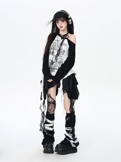 Punk Rock Skirt with Cascading Lace Ruffles and Handkerchief Hem Black