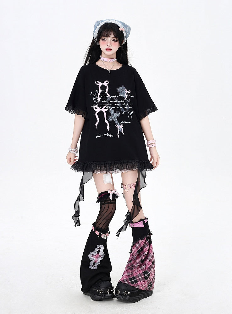 T-Shirt White/Black Cascading Ruffle Accents Bowknots Print Loose