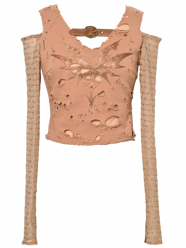 Studs Shoulder Wasteland Buckle Cutout Punk Accents Top Brown Light Decorated