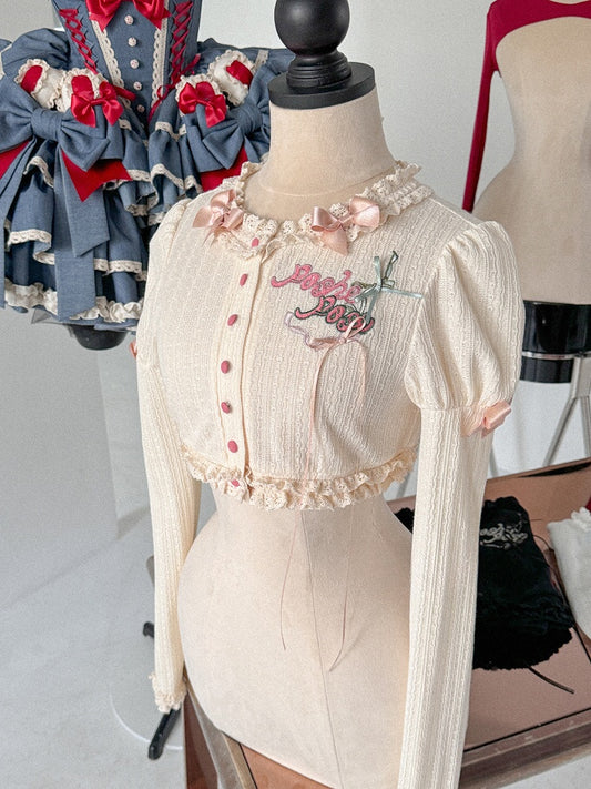 Creamy Embroidery Detail Long Sleeves Knitted Top