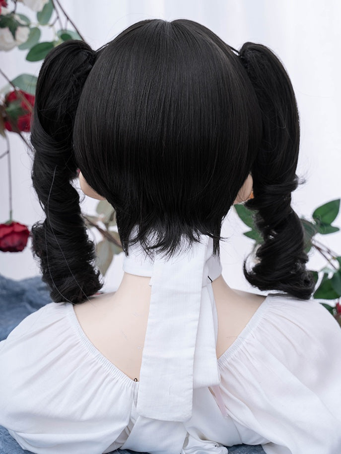 Black Tea Short Bob Cut Synthetic Wig With Double Ponytail Claw Clips