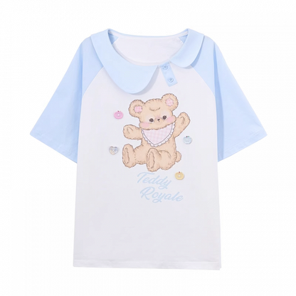 Blue and White Asymmetrical Peter Pan Collar Bear Print T-Shirt Long Version