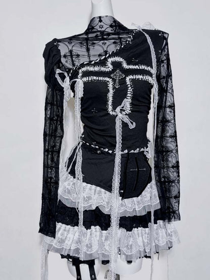 Gothic Black Illusion Neckline Contrast Lace Trim Cross Pin Top