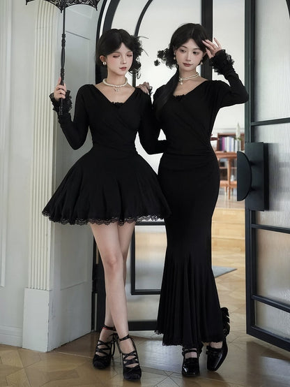 Dress Trims with V-Neck Lace Sleeves Knit Black Deep Short Long