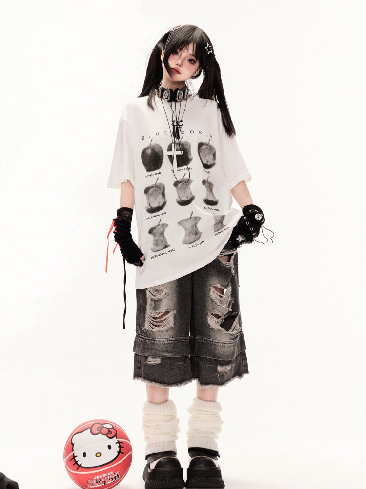 T-Shirt White Round Neck Apple Print Loose