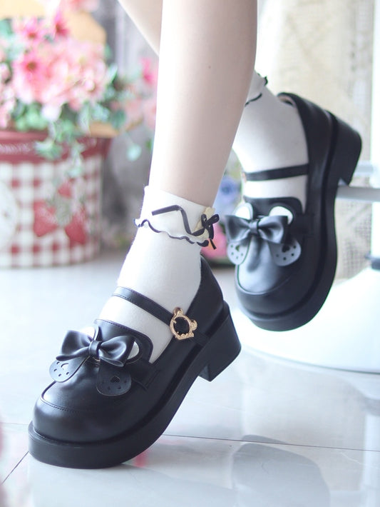 Ear Black and Style Heels Bow Matte Removable Preppy PU with Mid in Bear Clasp