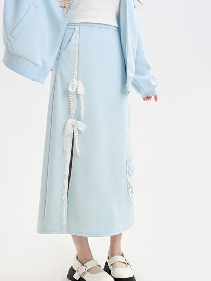 Blue Lace Bow Side Slit Floral Applique Skirt
