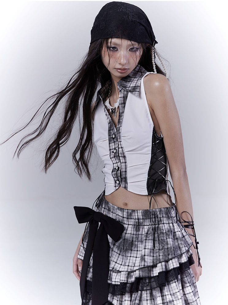 Shirt Black Plaid Collar Side 	Pattern Cropped Sleeveless Top with Lace-up Details