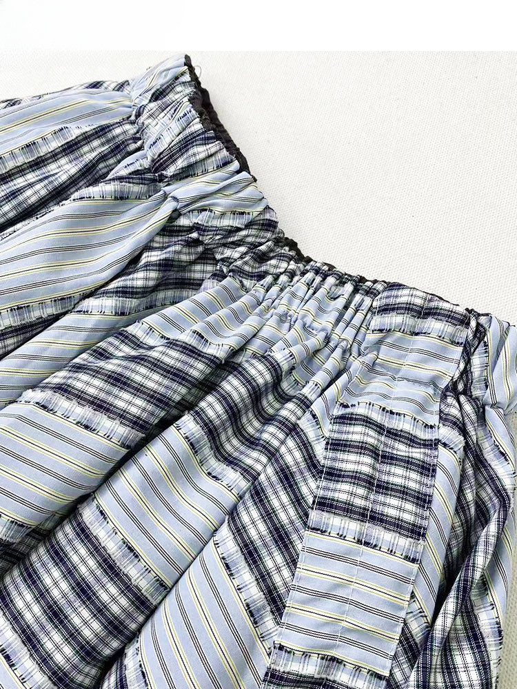 Vintage Dusty Blue Plaid Pattern Handkerchief Hem Glamorous Skirt