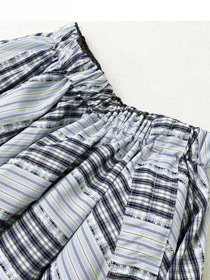 Vintage Dusty Blue Plaid Pattern Handkerchief Hem Glamorous Skirt