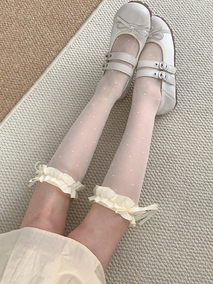 Under-knee Pattern Bowknot Ruffled Stockings Polka-dot Details White/Black Cuff