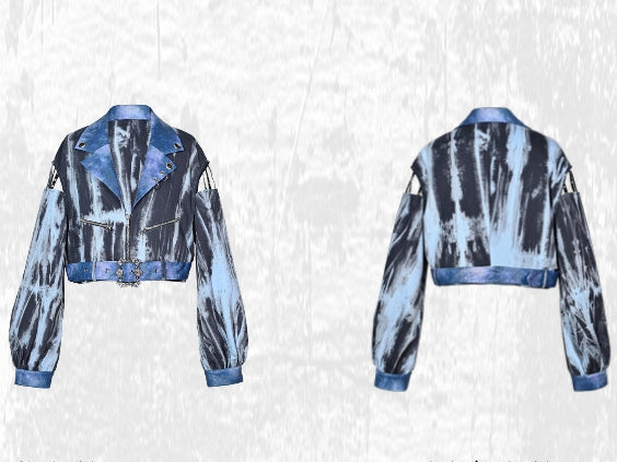 Grunge Punk Rock Blue Cutout Sleeves Tie Dye PU Moto Jacket with Free Belt