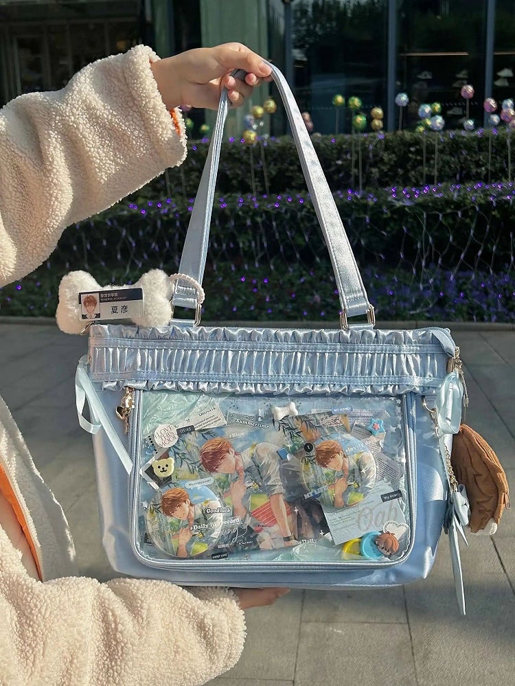 Capacity Tote Ruffled Ribbon Bow Large Ita Bag Trim Blue