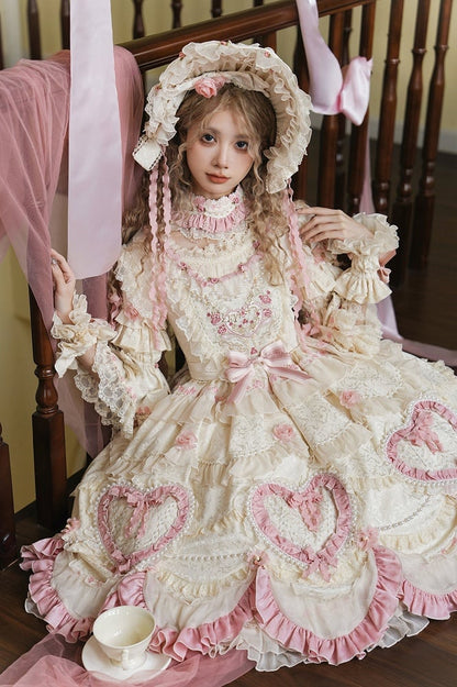 Beige Hanayome Rosette Embroidery Floral and Bead Chain Lolita OP Full Set