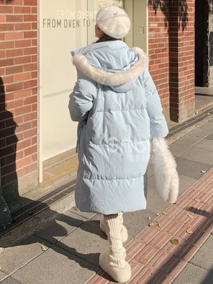Blue Cute Lamb Applique Bowknot Details Hooded Down Coat Long Version