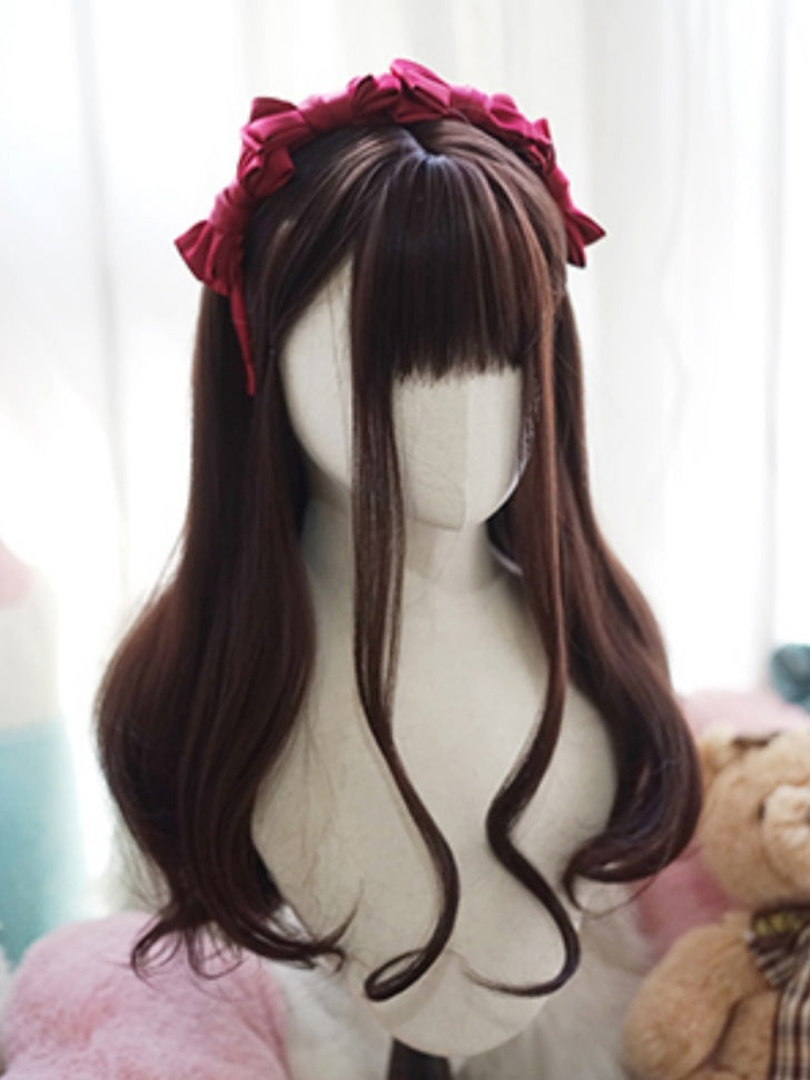 Dark Brown Long Wavy Wig With Full Bangs