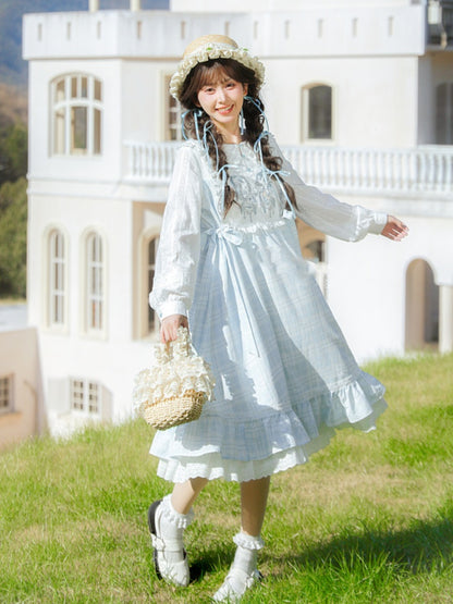 Robe Mori Kei brodée de papillons à carreaux bleus et blancs, style Alice au pays des merveilles