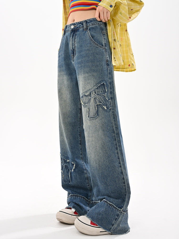 Raw Wide-Leg Jeans Waist Bowknot Appliques Blue Low Hem Vintage