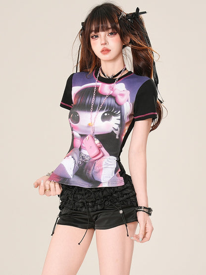 Print Cartoon Bittersweet Black T-shirt Girl
