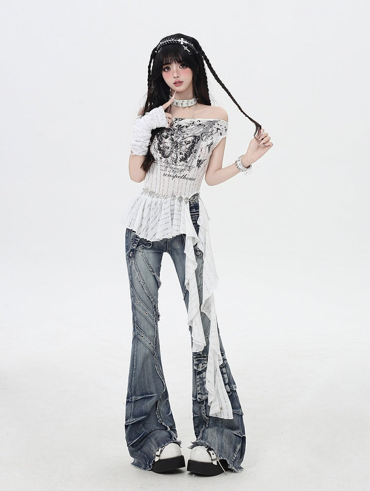 Blue Low Rise Raw Hem Faded Wash Flared Cargo Jeans Y2K