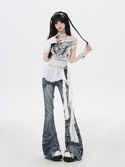 Blue Low Rise Raw Hem Faded Wash Flared Cargo Jeans Y2K