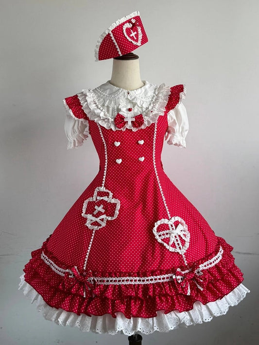Ruffle Pattern Hemline Layered Dress Polka-dot Lolita Red Nurse