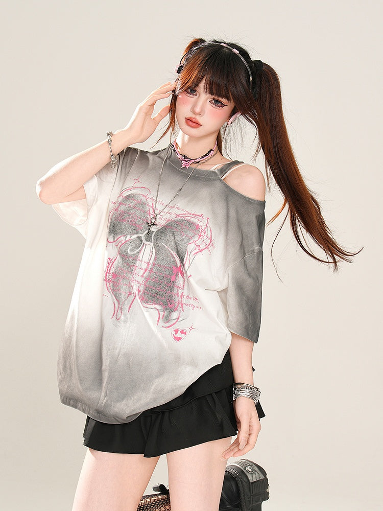 Butterfly Rose Pink/Pink/Gray Loose Shoulder T-Shirt Print Ombre Cutout