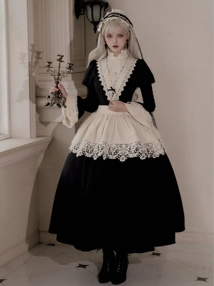 Elegant Black and Beige Ruffle Banded Collar Gothic Nun Lolita Dress Long Version