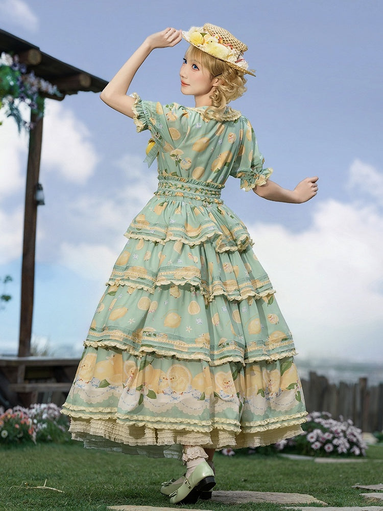 Button Lemon Print Short Skirt Placket Lolita Sleeves Tiered and Front Dress Green Chick