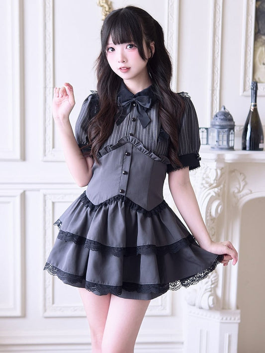Shorts Gray and Faux Lace-Trimmed Two-Piece Style Jirai Striped Layered Dress Outfit: Kei