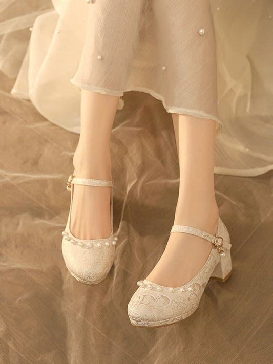 Beige Heels Pattern Lolita Floral Block Mid Details Beads Qi Satin -