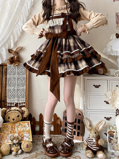 High Pattern Plaid Brown Lolita Waist Winter Dress Skirt and Jumper Autumn