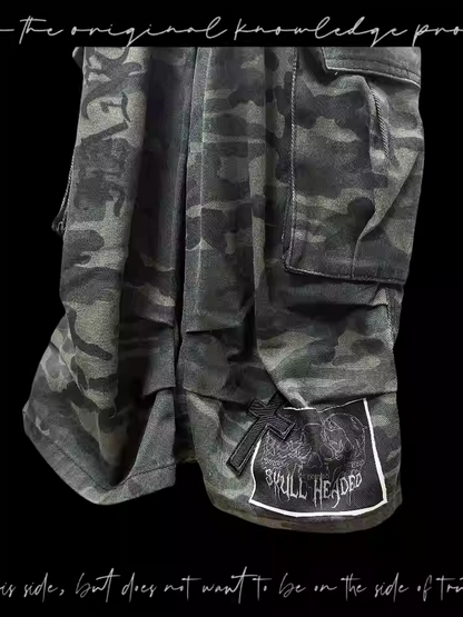 Pockets Camourflage Cross and Skeleton Appliques Cargo Shorts