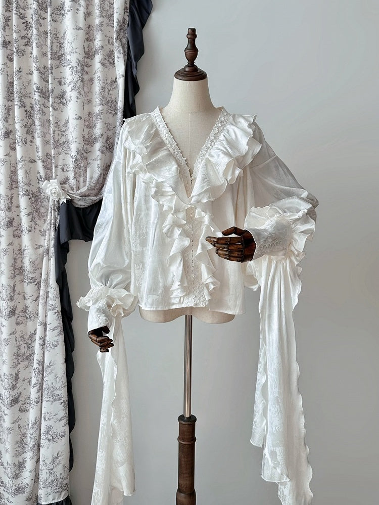 Long Ruffles Sleeves V-neck Shirt Gothic White Structured Lolita