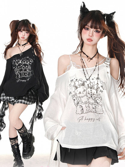 Black/White Kitties Print Asymmetrical Neckline Semi-sheer Long Sleeves Top