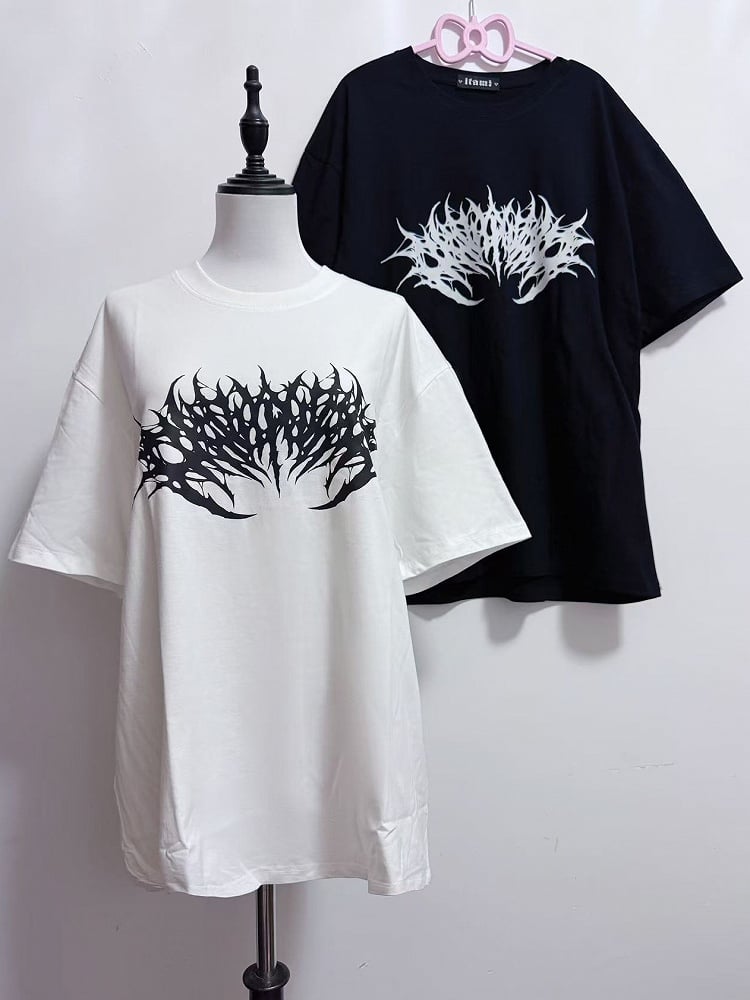 Jirai Round Kei T-Shirt Weiß/Schwarzer Hals