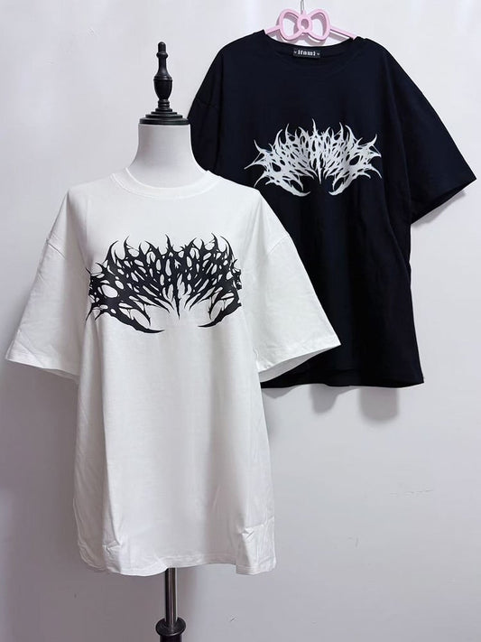 Jirai Round Kei T-Shirt Weiß/Schwarzer Hals