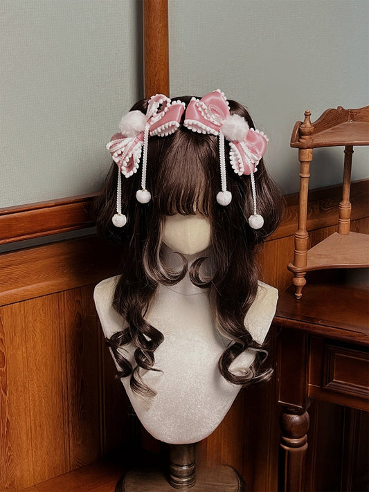 Hairclips Bow Accents Sweet with Pink/Brown Pom-pom Lolita