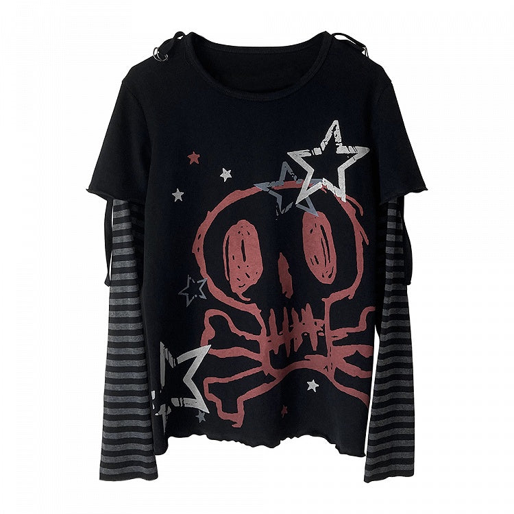 Star Print Punk Rock Black Skeleton Cotton Two-pieces and Top Faux