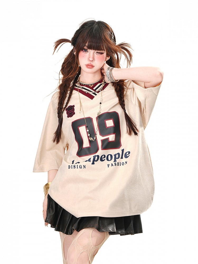 Loose T-Shirt Print Sports Khaki/Navy Blue Preppy Style V-Neck Number