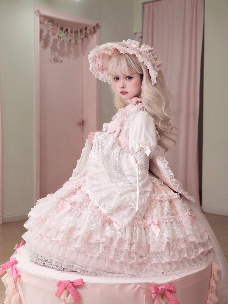 Pink Layered Skirt Hanayome Dress Sweet Hime Lolita Jumper Skirt with Removable Bows