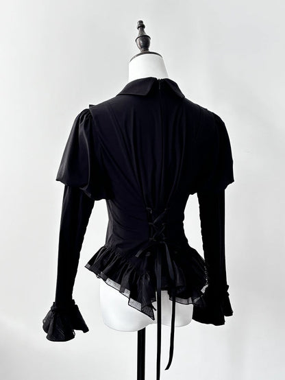 ブラックジュリエットスリーブモスウィングシェイプカラーブラウス