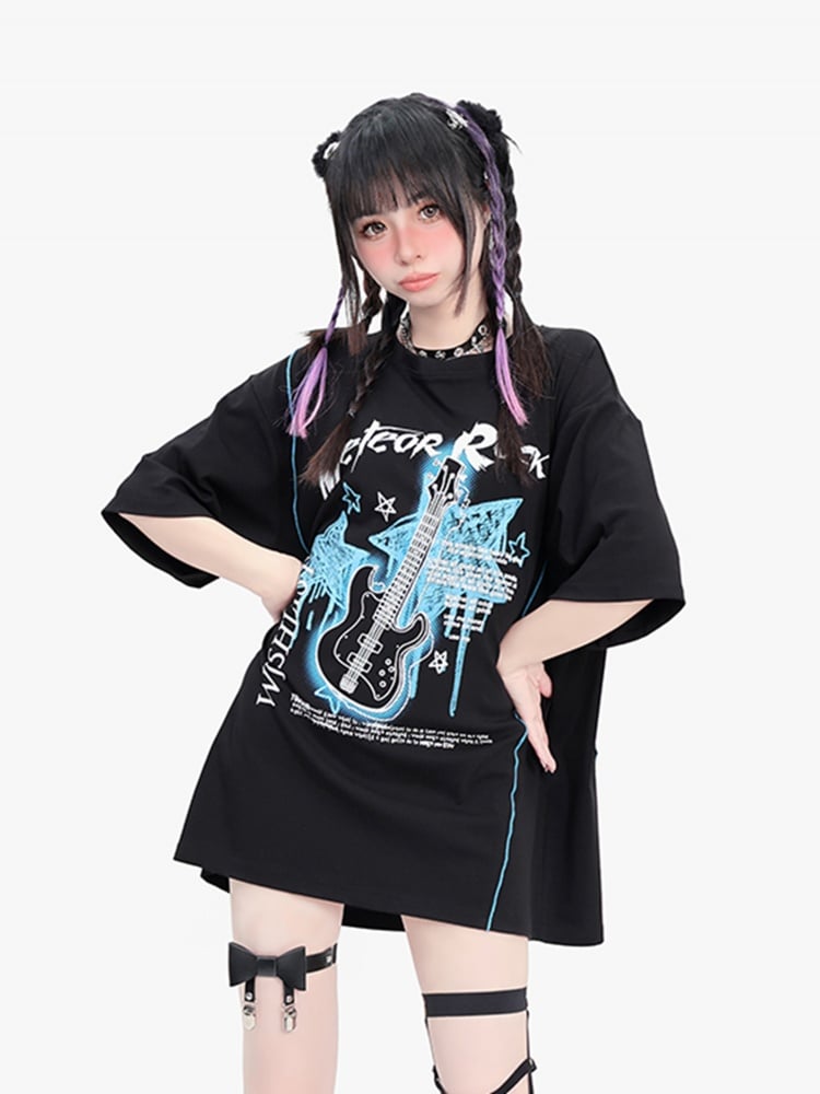 Black Guitar and Star Print Punk T-shirt