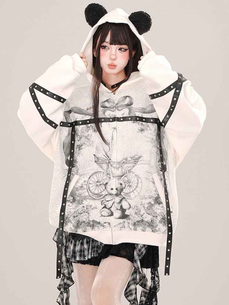 White Bear Ears Hood Strap Graphic Zip Hoodie