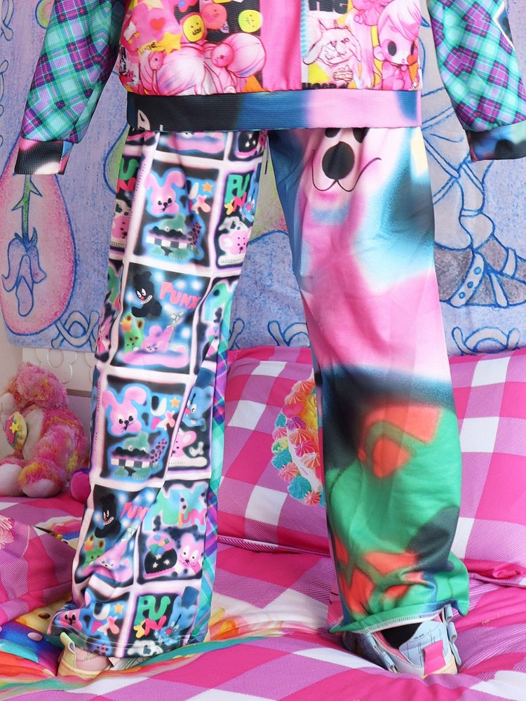 Pants And Flare Letter Cartoon Pattern Silhouette Y2K Colorful Plaid Print