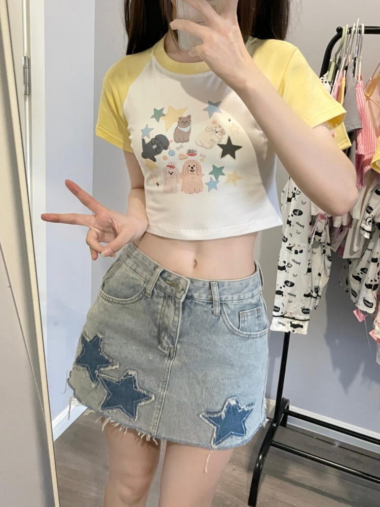 White Yellow Star and Puppy Print Cropped Top