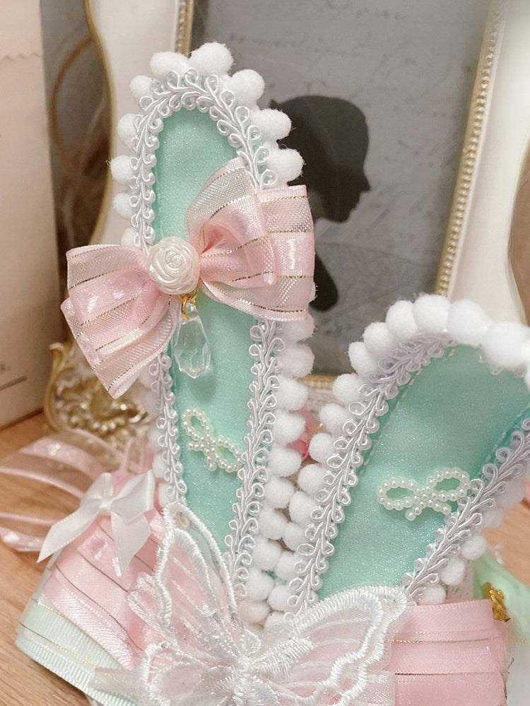 Hut Mini Lolita Bunny GrünRosa Ohren Schmetterling Details Verziert Süße Schleife