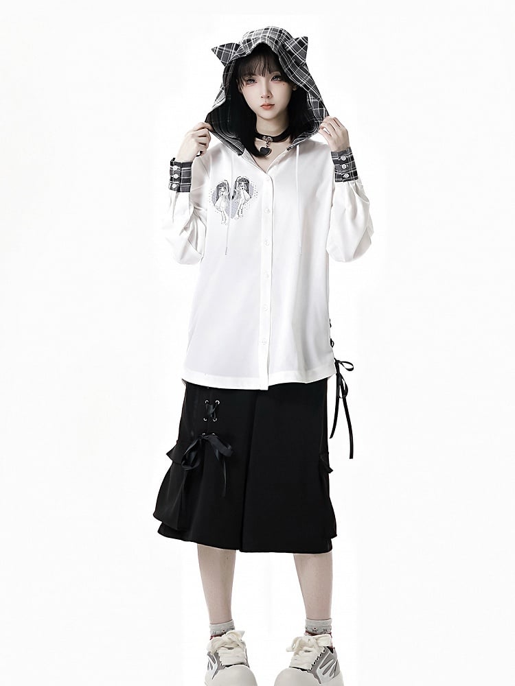 Wide-Leg Shorts with Lace-up Detail Waist Black/Plaid Elastic