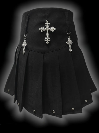 Y2K Black Cross Charms High Waist Studs Punk Pleated Skirt