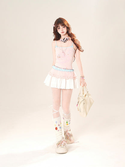 Heart Print Ruffle Trim Cami Top White/Pink